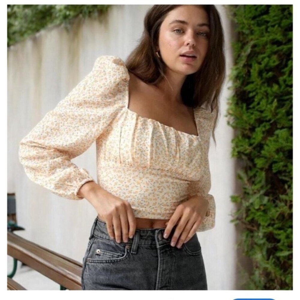 Elodie Size M Yellow Boho Dainty Floral Balloon Sleeve Crop Top Blouse